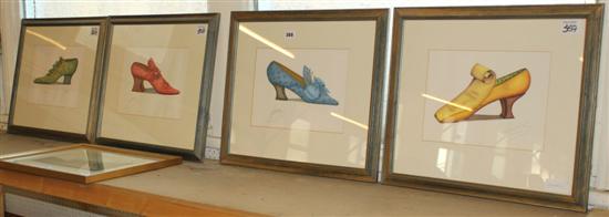 4 framed studies of 18th Century shoes, signed